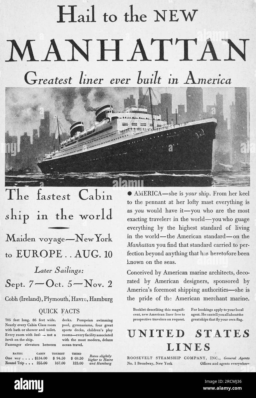United States Lines Manhattan liner annonce dans un magazine 1932 Roosevelt Steamship Co annonces Banque D'Images