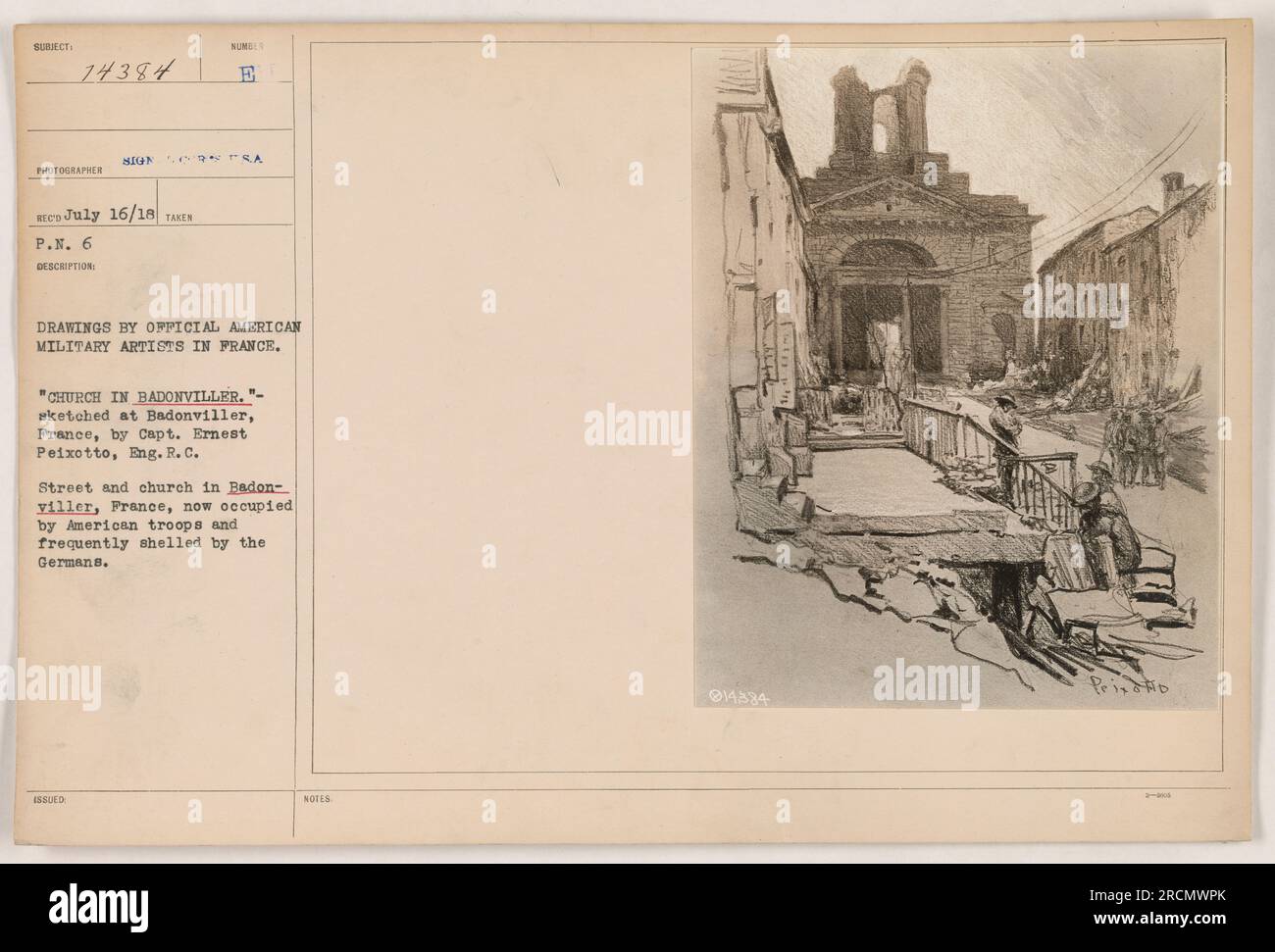 Légende : « l'artiste militaire américain, le capitaine Ernest Peixotto, a dessiné la rue et l'église de Badonviller, en France. L'église, aujourd'hui occupée par les troupes américaines, a été fréquemment la cible de bombardements allemands pendant la première Guerre mondiale. Cette image était l'un des nombreux dessins publiés par les artistes militaires américains officiels en France.' Banque D'Images