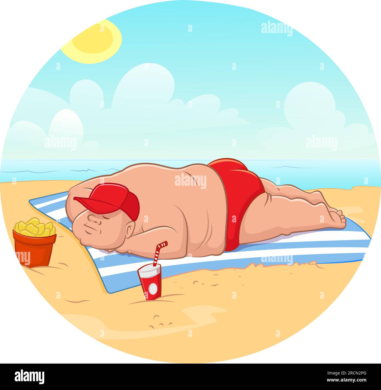 illustration vectorielle de dessin animé d'un gros gars bronzer sur une serviette à la plage Illustration de Vecteur