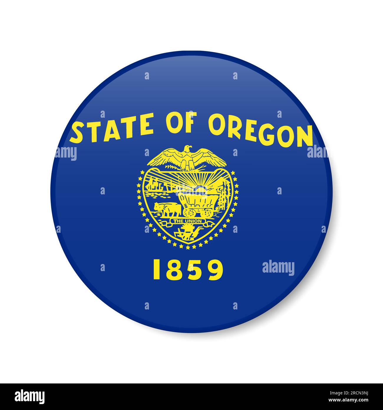 Icône de bouton de cercle de drapeau d'Oregon, badge rond d'état américain avec ombre. Illustration vectorielle réaliste 3D isolée sur blanc. Illustration de Vecteur