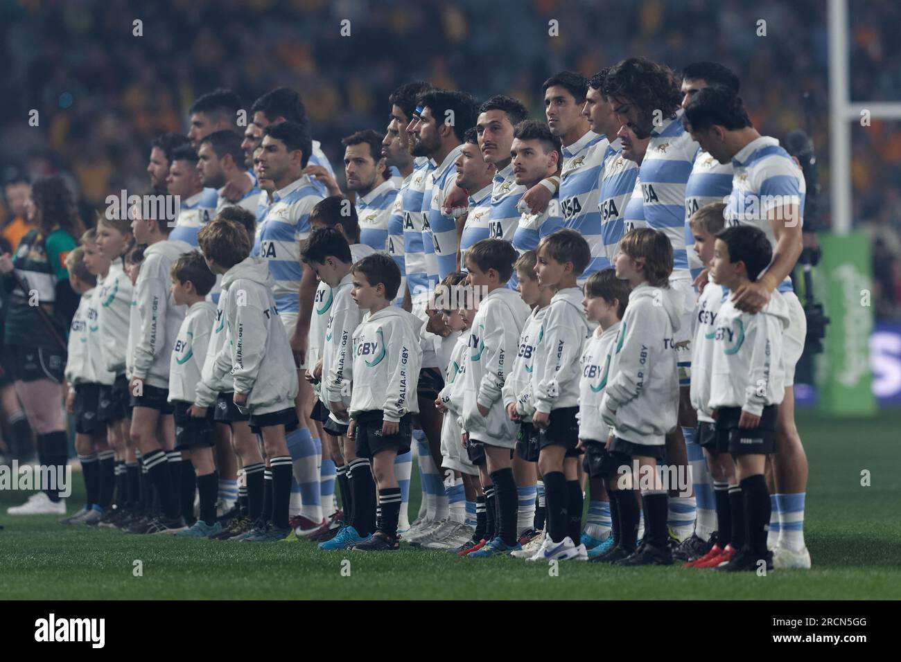 Sydney, Australie. 15 juillet 2023. Alignement des joueurs argentins avant le match du championnat de rugby eToro 2023 entre l'Australie et l'Argentine au CommBank Stadium le 15 juillet 2023 à Sydney, Australie Credit : IOIO IMAGES/Alamy Live News Banque D'Images