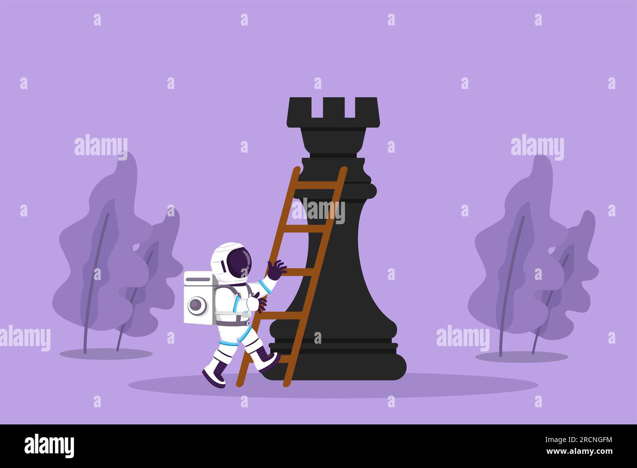 Dessin de style plat de dessin animé jeune astronaute escalader la pièce d'échecs énorme de tour avec l'échelle dans la surface de lune. Compétition stratégique ou Smart Move. Galaxie cosmique Banque D'Images