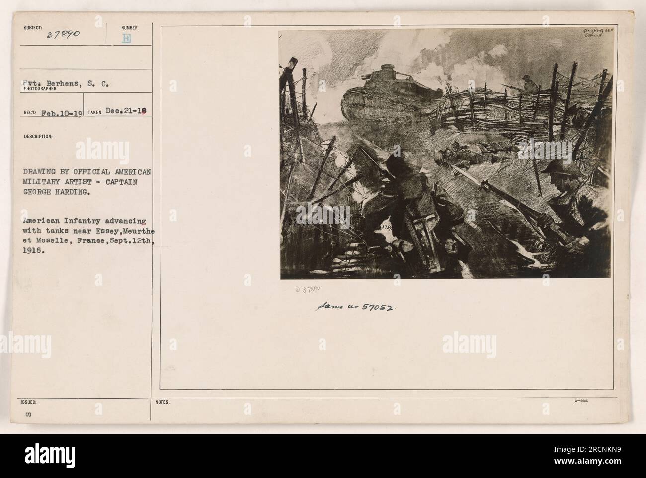 Infanterie américaine avançant avec des chars près d'Essey, Meurthe et Moselle, France, datée du 12 septembre 1918. La photo a été prise par le soldat Berhens et dessinée par le capitaine George Harding. L'image représente les activités militaires américaines pendant la première Guerre mondiale. Banque D'Images