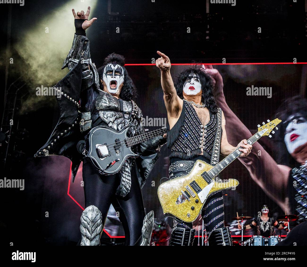 Kiss joue en direct lors de leur dernier concert européen à Tønsberg, en Norvège, le 15 juillet 2023 Banque D'Images