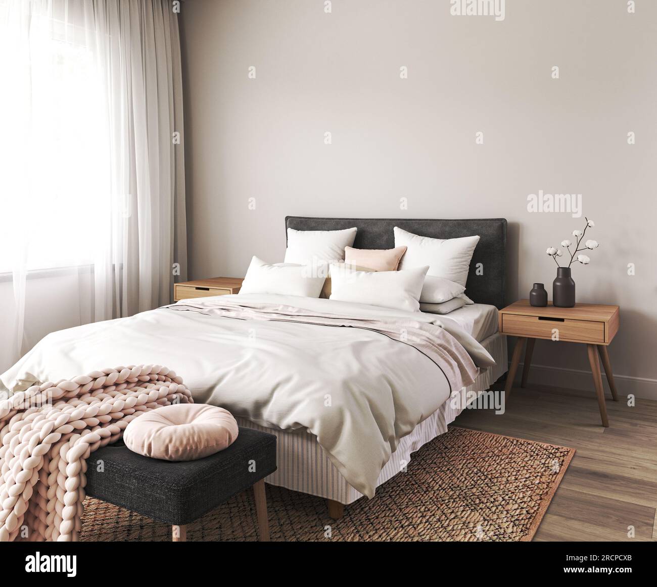 Maquette d'intérieur de chambre dans le style Boho avec plancher en bois et  table. Lit noir avec couverture blanche, oreillers roses et coussin sur mur  vide beige Photo Stock - Alamy