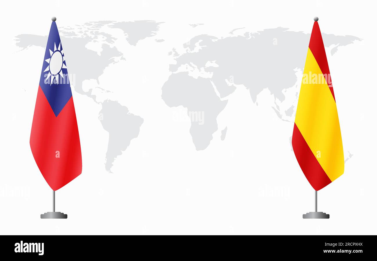 Taiwan et l'Espagne civile drapeaux pour la réunion officielle sur fond de carte du monde. Illustration de Vecteur