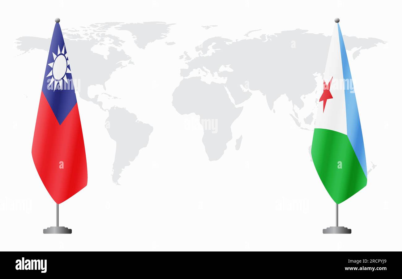 Taiwan et Djibouti drapeaux pour réunion officielle sur fond de carte du monde. Illustration de Vecteur