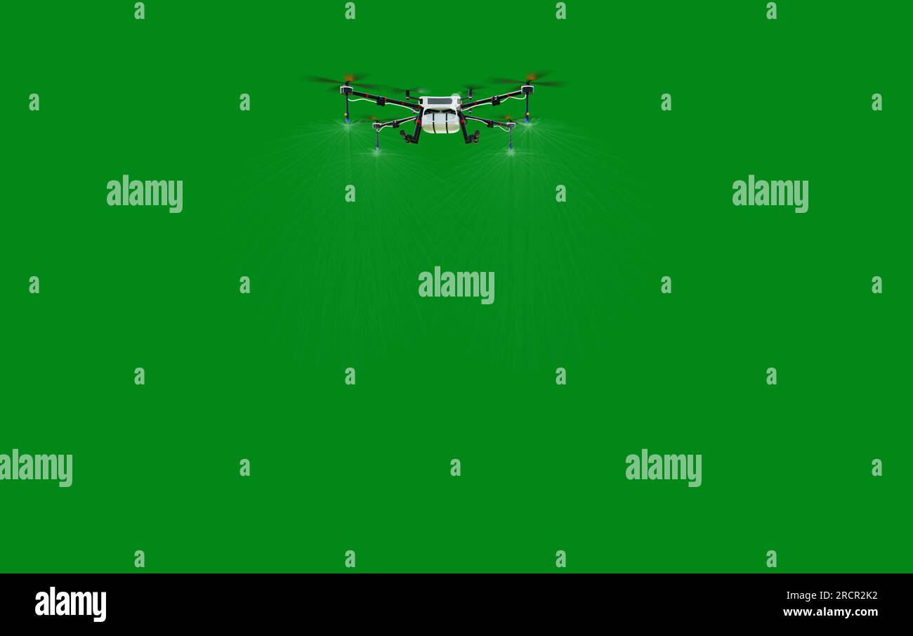 agriculture drone pulvérisation d'engrais sur fond vert, rendu d'illustration 3d. Banque D'Images