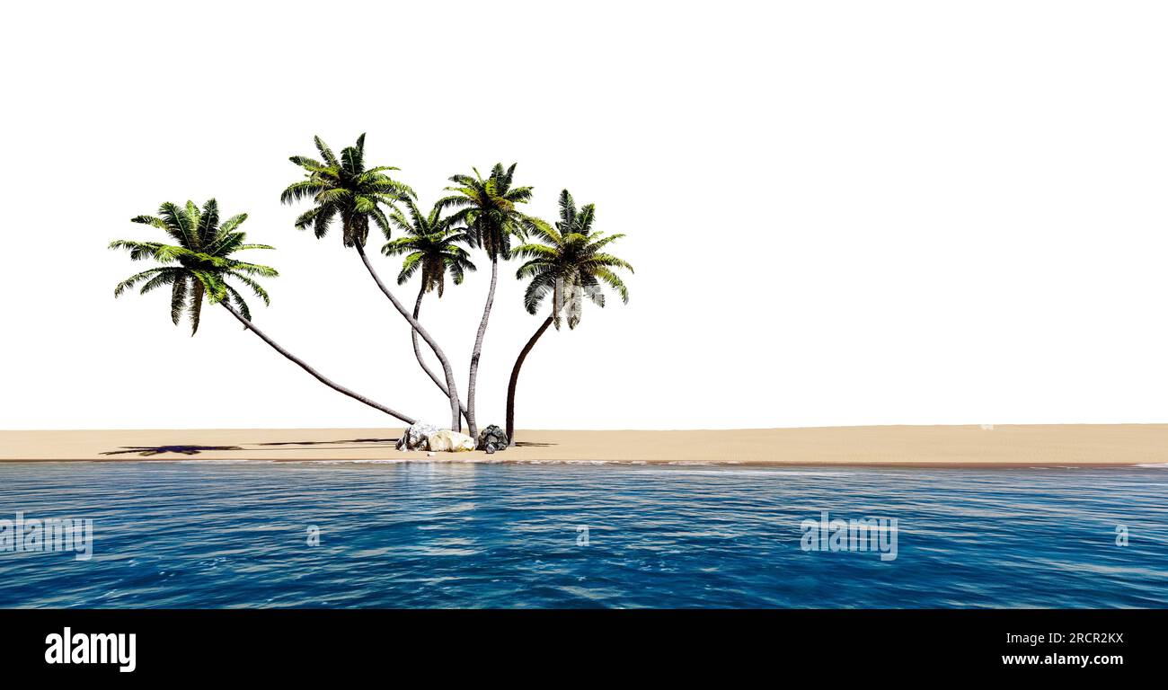 Arbre de noix de coco sur la plage de mer sur le dos blanc avec chemin de détourage, rendu d'illustration 3D. Banque D'Images