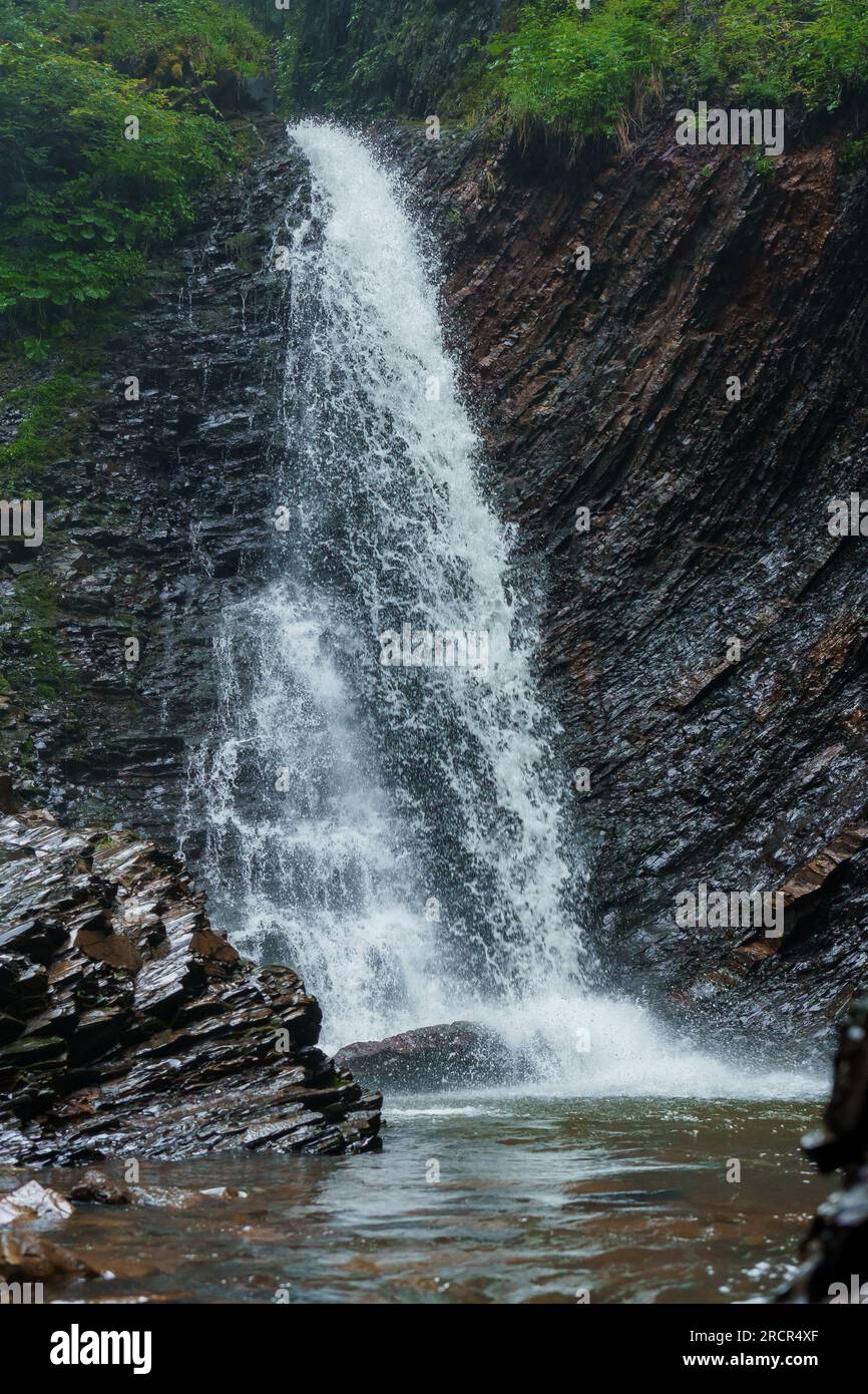 Cascade de montagne, grande chute d'eau, rivière de montagne près de la roche. Cascade Huk, Carpates ukrainiennes Banque D'Images