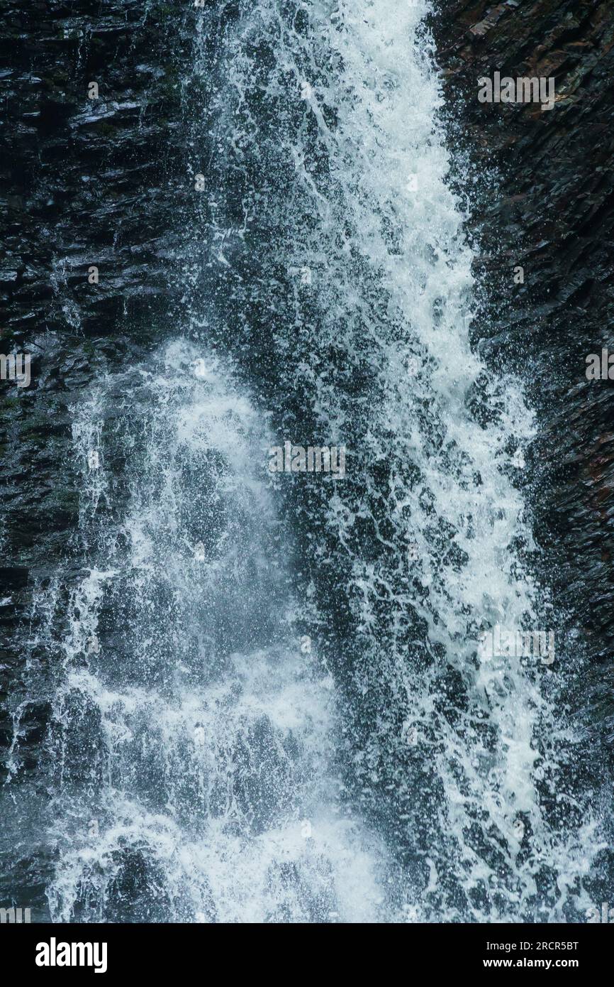 Cascade de montagne, grande chute d'eau, rivière de montagne près de la roche. Cascade Huk, Carpates ukrainiennes Banque D'Images