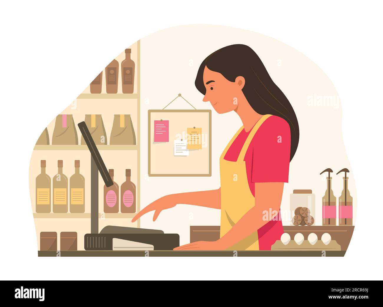 Femme commerçante travaillant au comptoir de caisse de l'épicerie Illustration de Vecteur