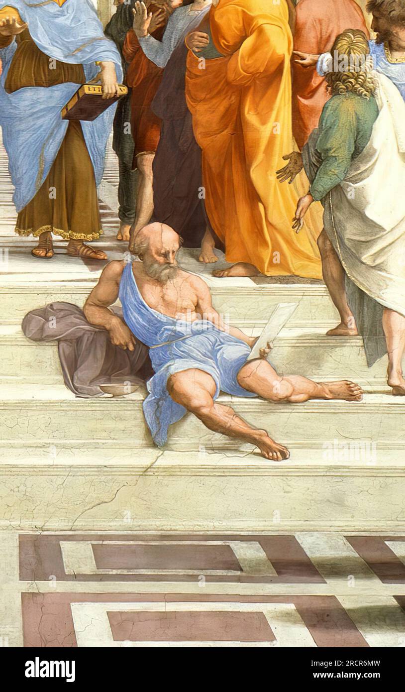 Un détail de l'école d'Athènes ou de la Scuola di Atene. Fresque de Raphaël au Palais apostolique du Vatican. 1511. On pense qu'il montre Diogène. Banque D'Images