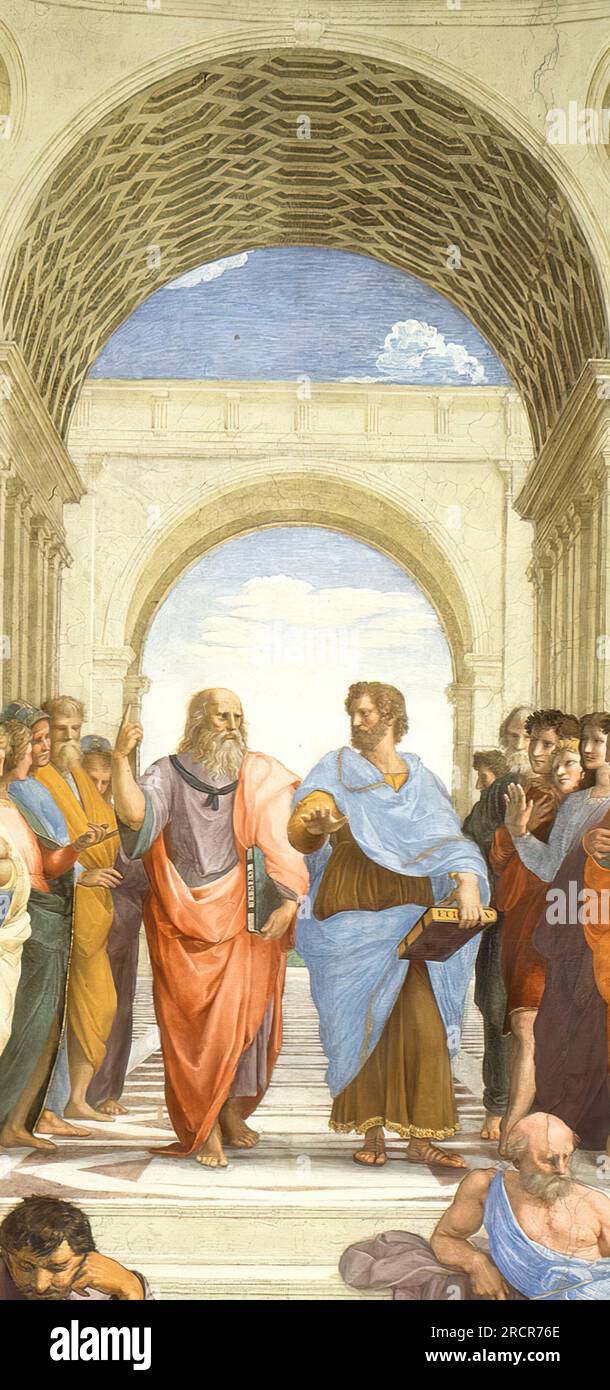 Un détail de l'école d'Athènes ou de la Scuola di Atene. Fresque de Raphaël au Palais apostolique du Vatican. 1511. Deux figures principales sont, de gauche à droite, Platon et Aristote. Banque D'Images Un détail de l'école d'Athènes ou de la Scuola di Atene. Fresque de Raphaël au Palais apostolique du Vatican. 1511. Deux figures principales sont, de gauche à droite, Platon et Aristote. Banque D'Images