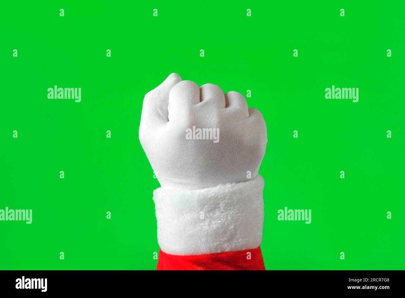 Pack gestes. Main du Père Noël en blanc gants de cognement isolés sur fond d'écran vert Chroma Key. Santa Fist gestuelle Knock Knock Knock Knock Knock. Les vacances Banque D'Images