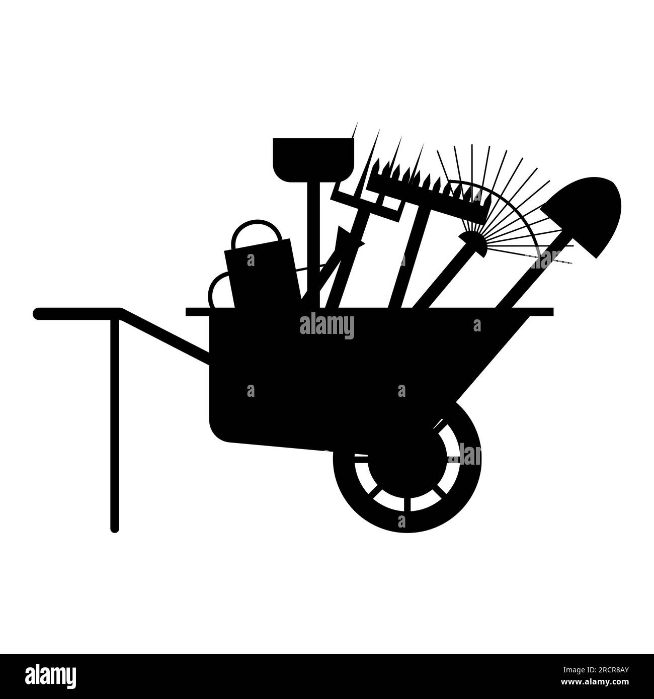 Ensemble de divers outils de jardinage dans une brouette. Illustration vectorielle. Articles pour le jardinage et l'agriculture. Jeu d'outils agricoles. Illustration de Vecteur