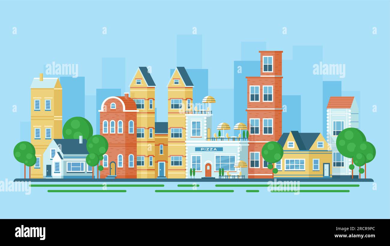 Illustration vectorielle de paysage de ville. Paysage urbain de bande dessinée avec des bâtiments extérieurs et des arbres, des fenêtres et des portes dans de vieilles maisons colorées, un café pizza italien et des magasins sur la rue d'été européenne Illustration de Vecteur
