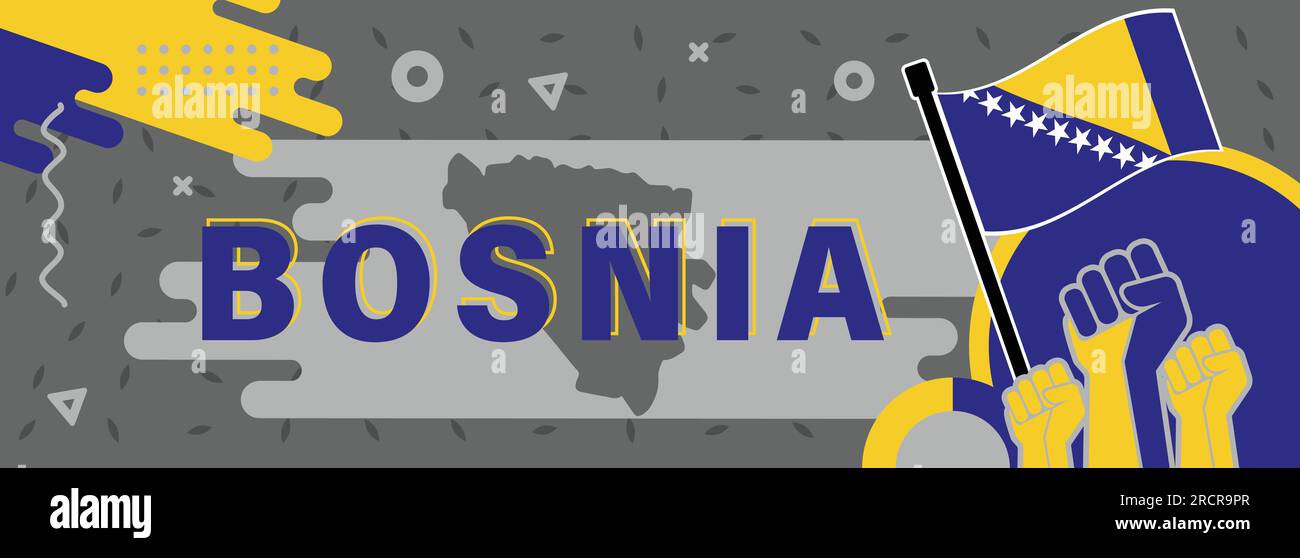 Indépendance de la Bosnie-Herzégovine, bannière de la journée nationale, affiche, couverture avec des bâtiments célèbres. Drapeau de Bosnie-Herzégovine avec carte, forme vecteur Illustration de Vecteur