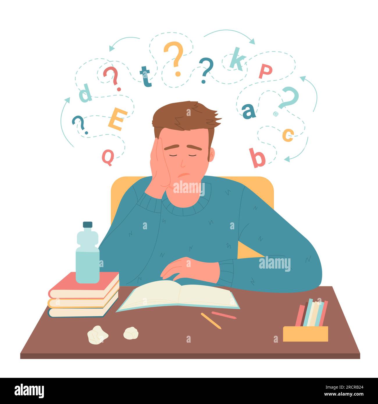 Problèmes d'apprentissage et d'alphabétisation, dysgraphie et illustration du vecteur d'incapacité de dyslexie. Bande dessinée dyslexique étudiant confus assis à un bureau avec nuage de lettres, garçon frustré posant la question Illustration de Vecteur