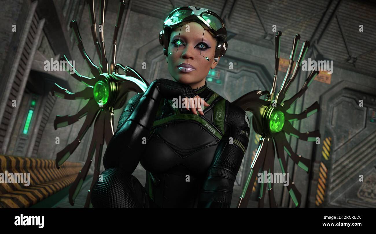 Infographie 3d d'une femelle Cyborg avec des ailes métalliques Banque D'Images