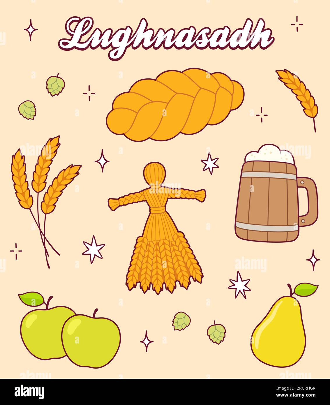 Lughnasadh (Lammas) fête traditionnelle de la moisson ensemble de caniche. Pain, bière, fruits, dolly de maïs de blé. Dessin mignon de dessin animé, dessin vectoriel de clip I Illustration de Vecteur