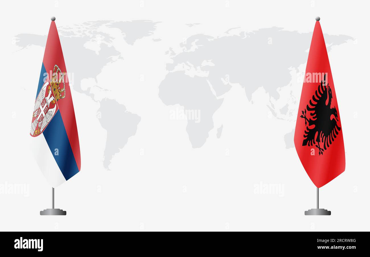 Drapeaux de Serbie et d'Albanie pour la réunion officielle sur fond de carte du monde. Illustration de Vecteur