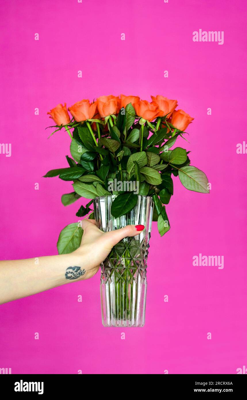 Bras avec un tatouage scorpion sur un poignet, tenant un vase avec des roses Banque D'Images