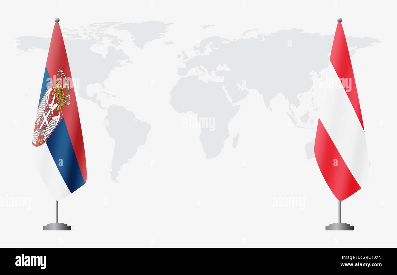 Drapeaux de Serbie et d'Autriche pour la réunion officielle sur fond de carte du monde. Illustration de Vecteur