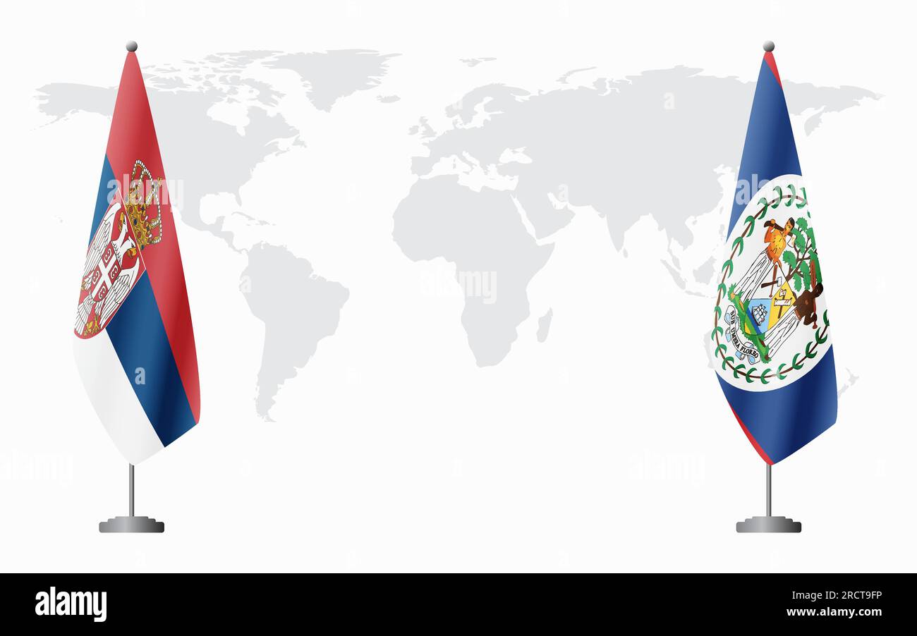 Drapeaux de Serbie et Belize pour la réunion officielle sur fond de carte du monde. Illustration de Vecteur