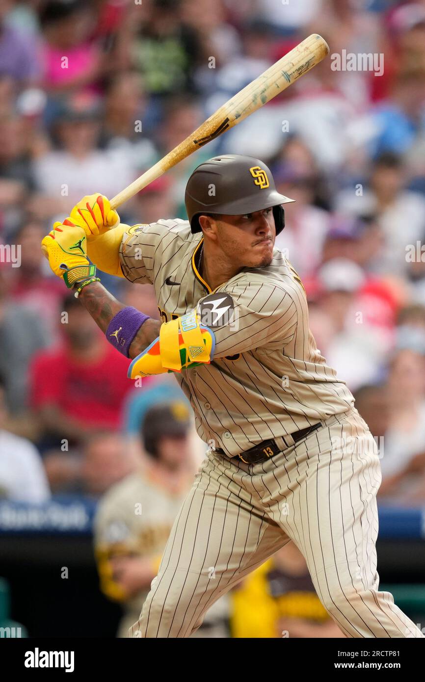 San Diego Padres' Manny Machado plays during a baseball game, Sunday, July 16, 2023, in Philadelphia. (AP Photo/Matt Slocum) Banque D'Images