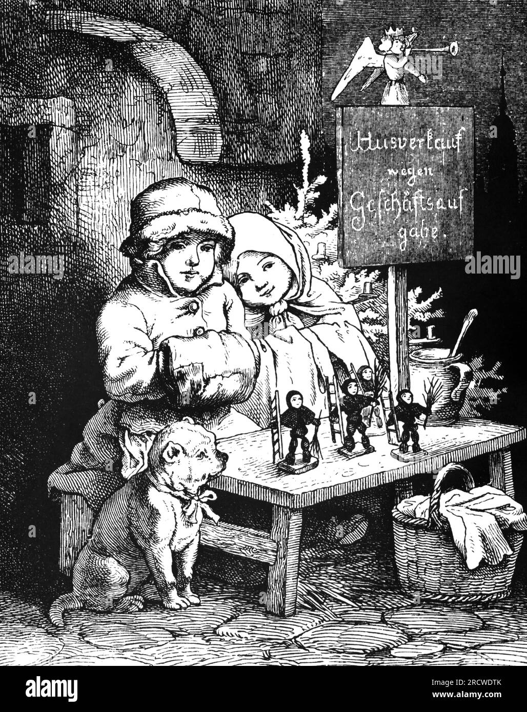 Noël, marchés de Noël, enfants avec étal pour les hommes de prunes, Striezelmarkt, Dresde, gravure sur bois, INFORMATIONS-AUTORISATION-DROITS-SUPPLÉMENTAIRES-NON-DISPONIBLE Banque D'Images
