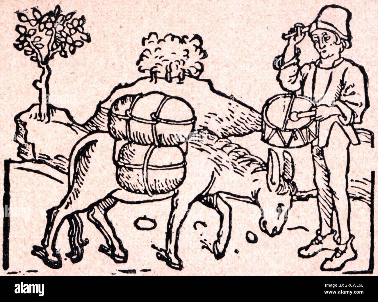 Publicité, commerce, un marchand bat le tambour publicitaire, gravure sur bois, vers 1475, DROITS-AUTORISATION-INFO-NON-DISPONIBLE Banque D'Images
