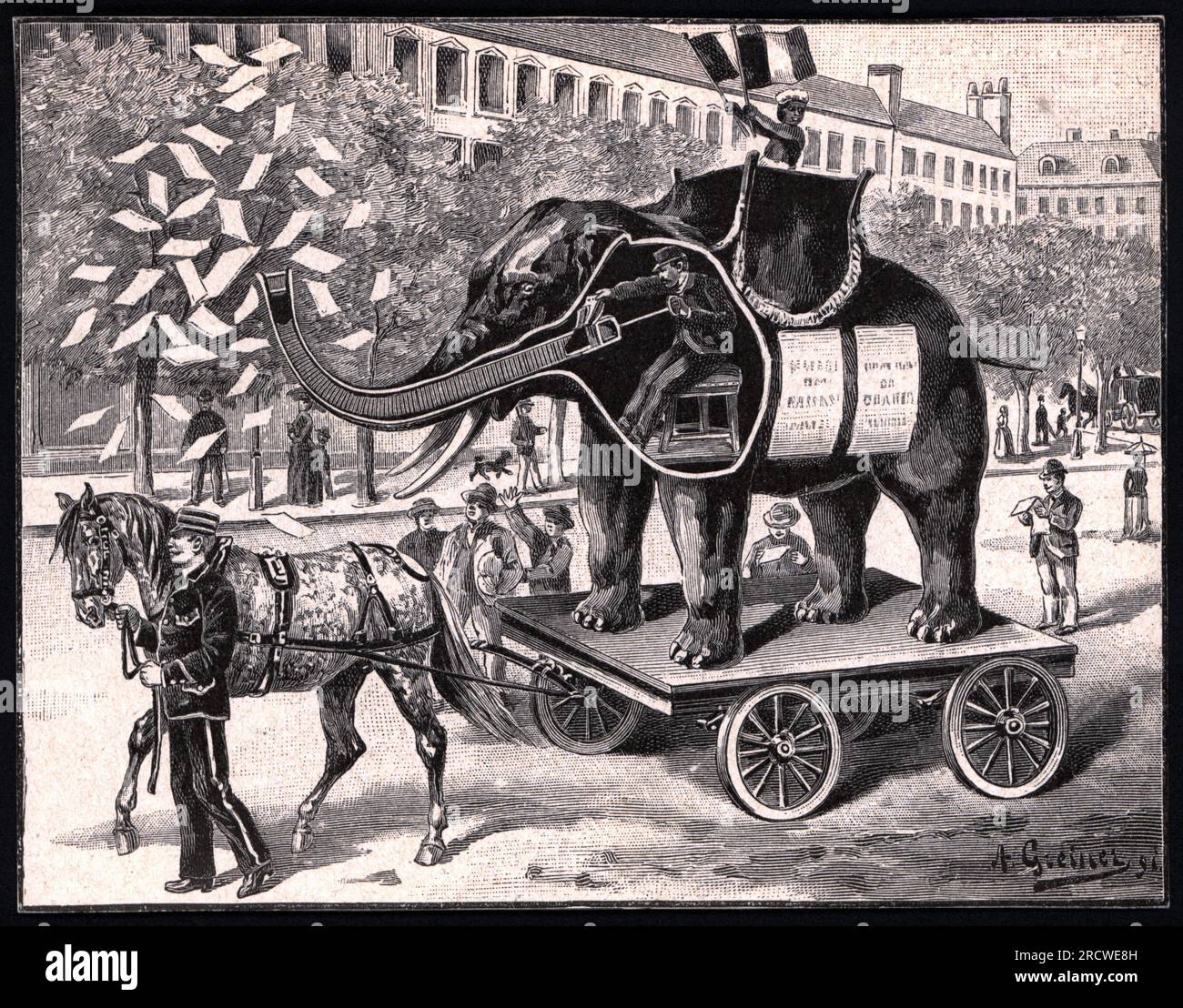 Publicité, techniques, un éléphant mécanique distribue des tracts avec sa malle, LE DROIT D'AUTEUR N'A PAS À ÊTRE EFFACÉ Banque D'Images
