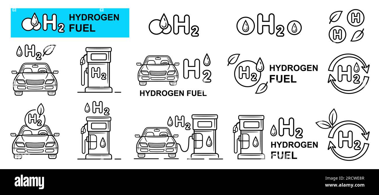 Station de remplissage de voiture de pile à gaz hydrogène H2, icône de ligne de charge de transport automatique définie. Essence écologique de ravitaillement automobile. Énergies renouvelables. Vecteur Illustration de Vecteur