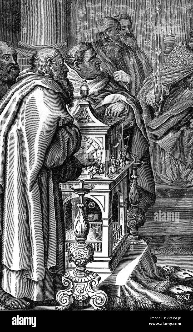 horloge, horloge eau / vapeur, horloge de Charlemagne, gravure sur bois, de Poyet, 19e siècle, LES DROITS D'AUTEUR DE L'ARTISTE NE DOIVENT PAS ÊTRE EFFACÉS Banque D'Images