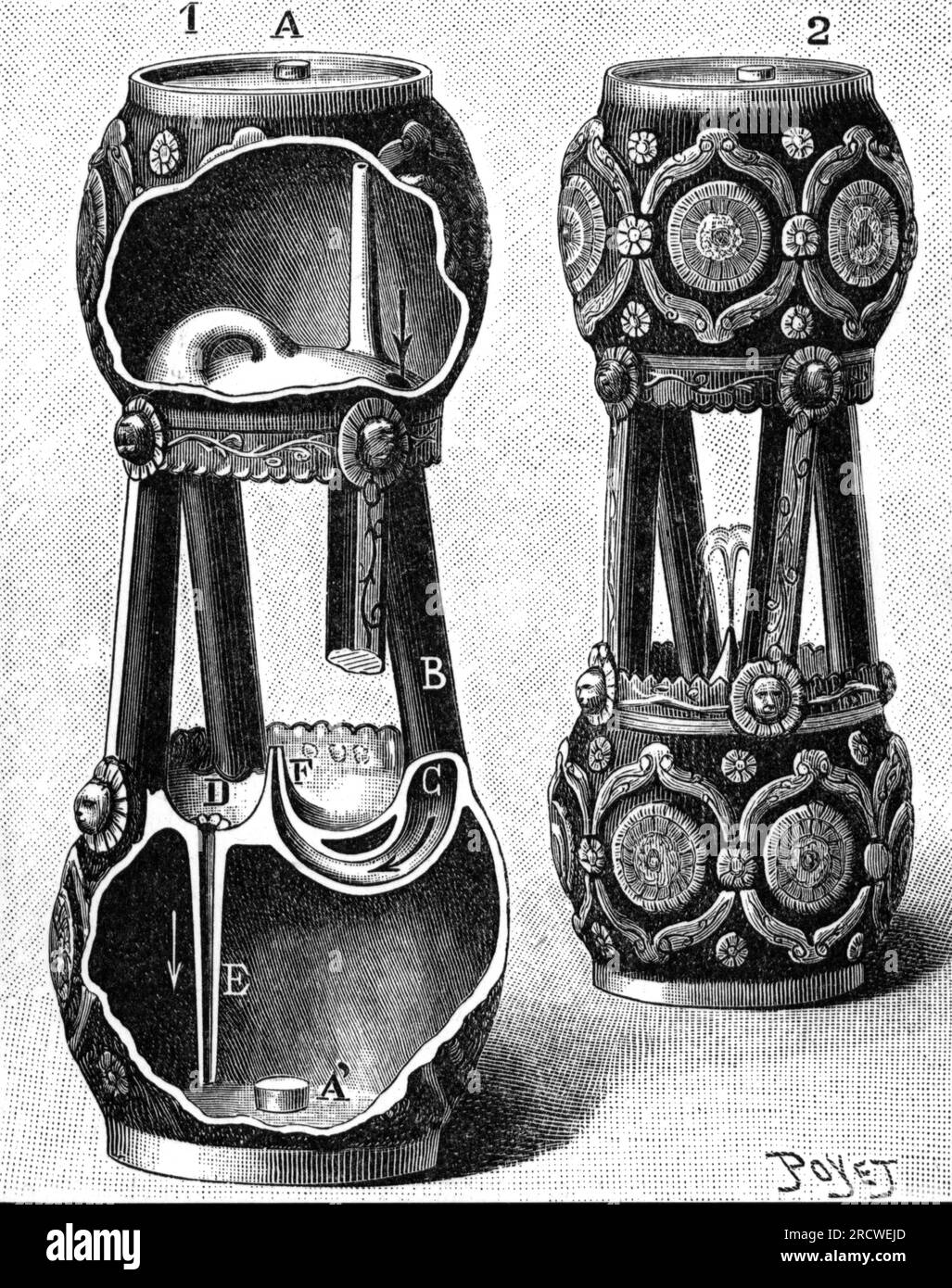 horloge, horloge eau / vapeur, clépsydra, Grenzhausen, début 17e siècle, gravure sur bois, VON POYET, LES DROITS D'AUTEUR NE DOIVENT PAS ÊTRE EFFACÉS Banque D'Images