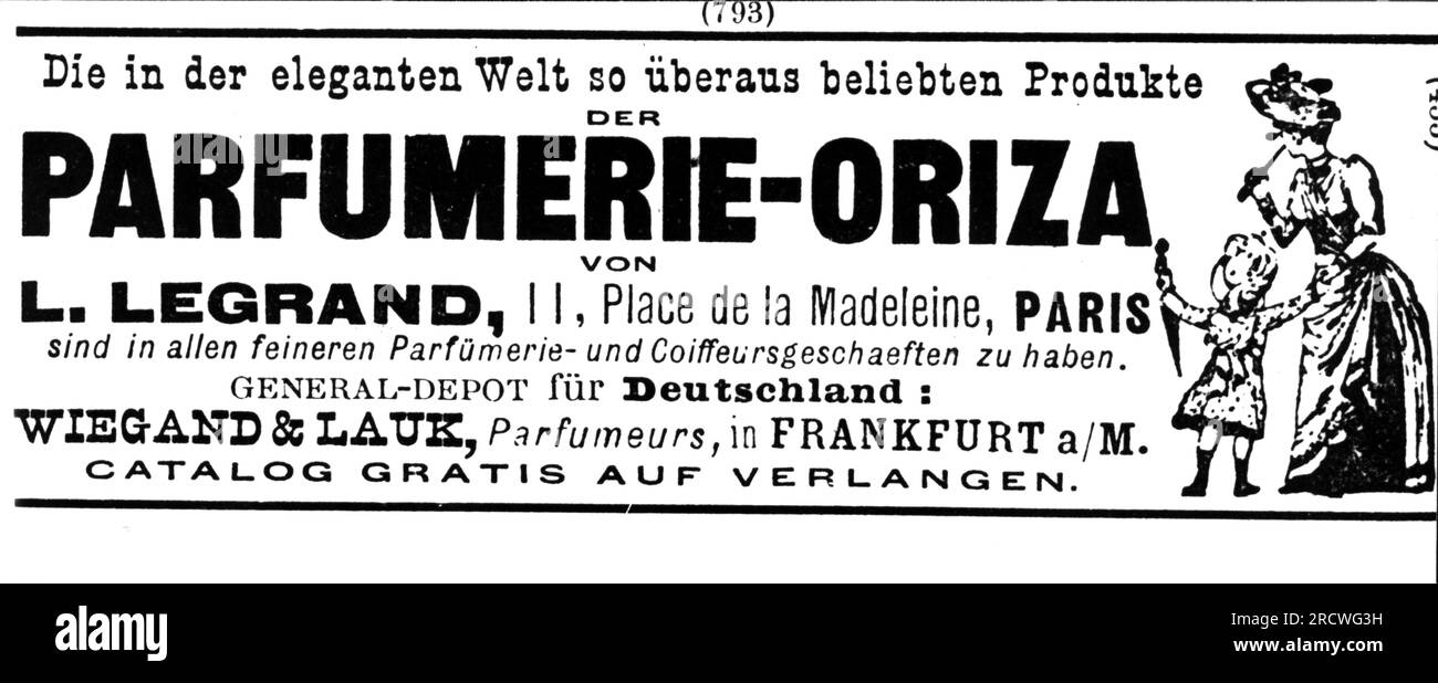 Publicité, cosmétiques, soins du corps, parfums, produits de la parfumerie Oriza de L. Legrand, Paris, INFORMATIONS-AUTORISATION-DROITS-SUPPLÉMENTAIRES-NON-DISPONIBLES Banque D'Images