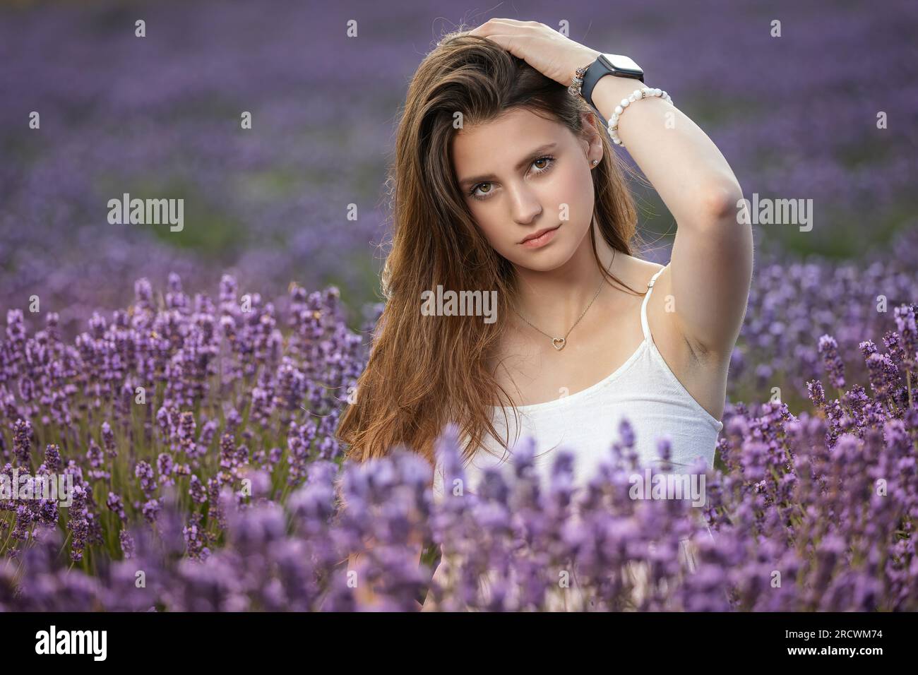 Atractive fille bronzée aux cheveux longs pose dans un champ de lavande en fleurs. Horizontalement. Banque D'Images