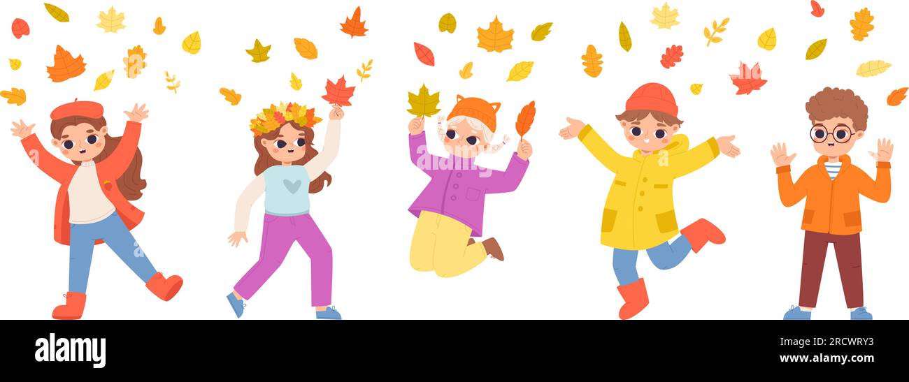 Enfants sautant sous les feuilles d'automne tombant. Saison de novembre, jouer et ramasser la feuille d'automne. Personnages vectoriels heureux saisonniers enfants de dessins animés snogly Illustration de Vecteur