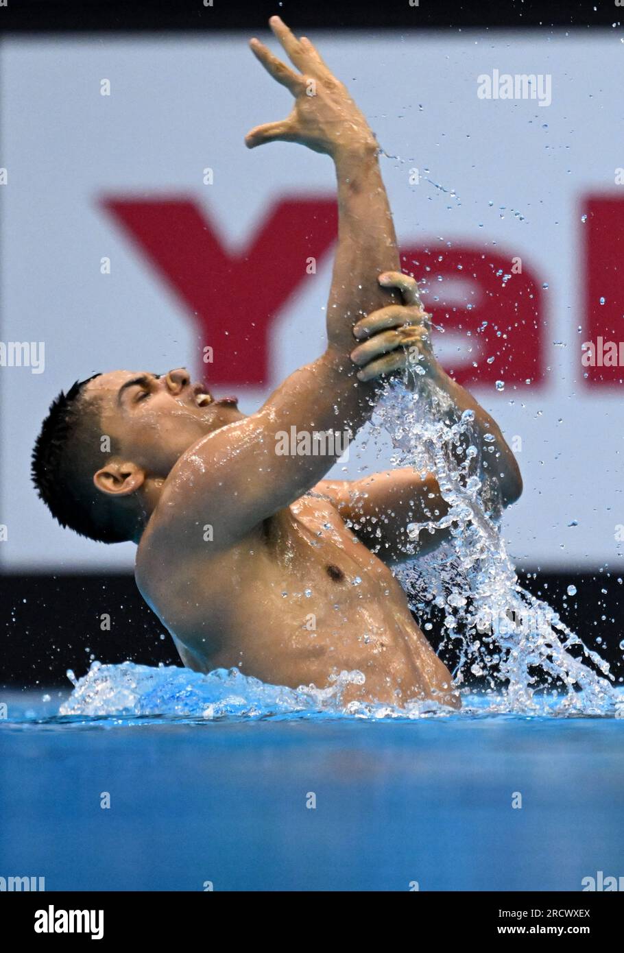 Fukuoka, Japon. 17 juillet 2023. Joel Benavides Lepe du Mexique participe à la finale technique solo masculine de natation artistique aux Championnats du monde aquatiques à Fukuoka, Japon, le 17 juillet 2023. Crédit : Xia Yifang/Xinhua/Alamy Live News Banque D'Images