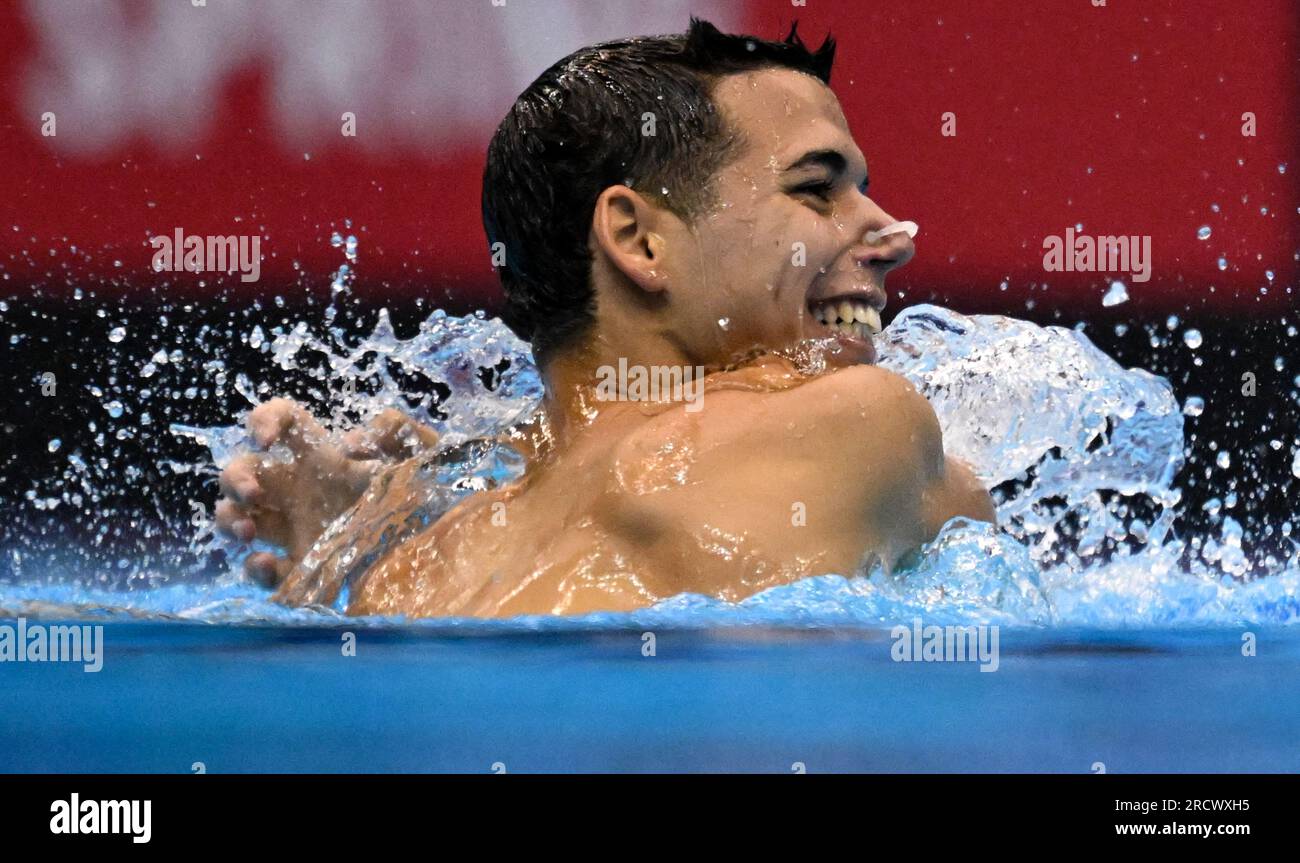 Fukuoka, Japon. 17 juillet 2023. Andy Manuel Avila Gonzalez de Cuba participe à la finale technique solo masculine de natation artistique aux Championnats du monde aquatiques à Fukuoka, Japon, le 17 juillet 2023. Crédit : Xia Yifang/Xinhua/Alamy Live News Banque D'Images