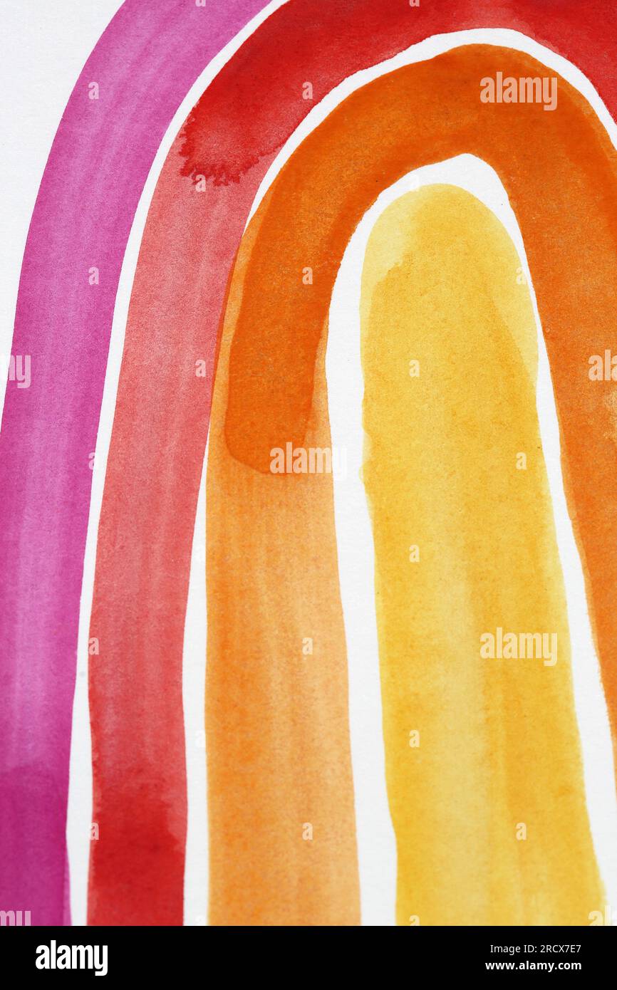 Peinture aquarelle arc-en-ciel rose, rouge, orange et jaune. Banque D'Images