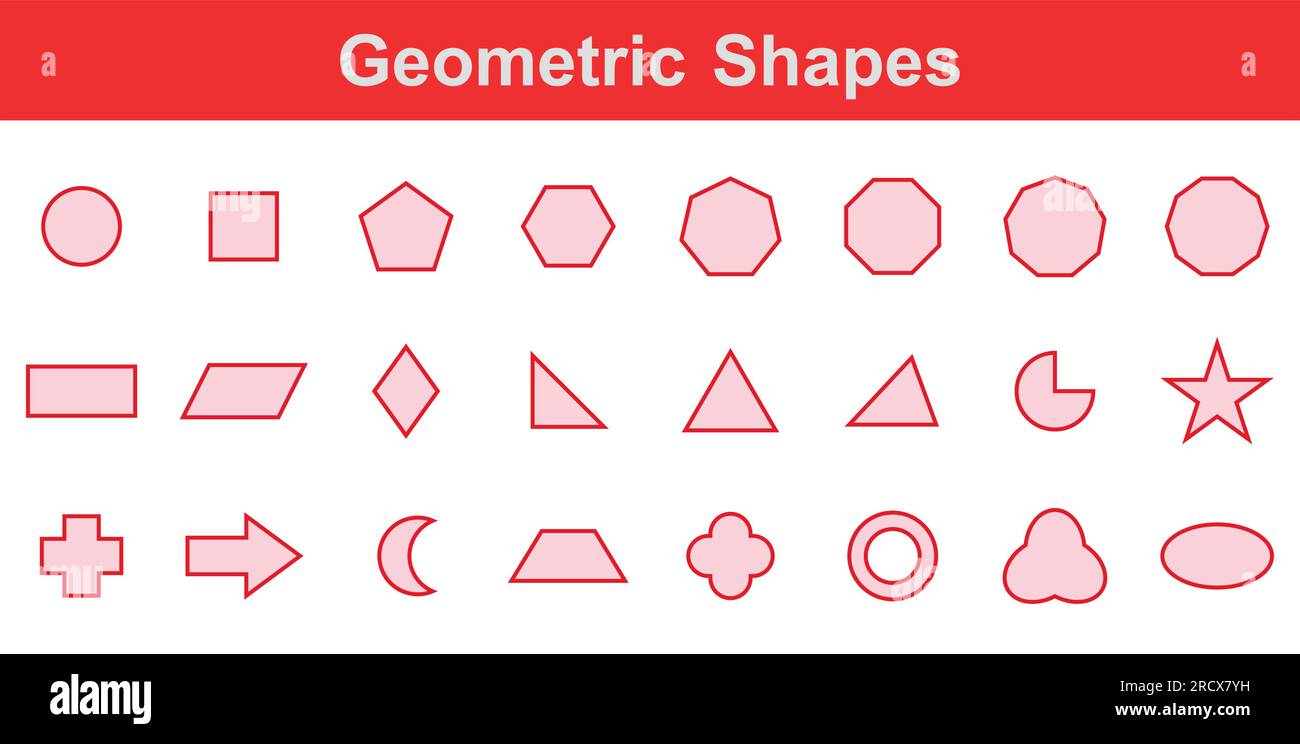 Ensemble de formes géométriques 2D en mathématiques. Cercle, carré, pentagone, hexagone, heptagone, octagon, décagon, parallélogramme, kite, triangle, pic, croissant, flèche Illustration de Vecteur