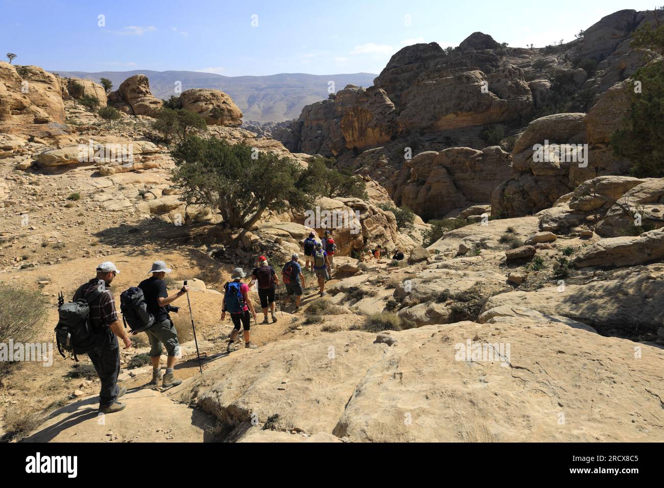 Promeneurs dans le Wadi al-Aghlat avant Little Petra, Jordanie, Moyen-Orient Banque D'Images