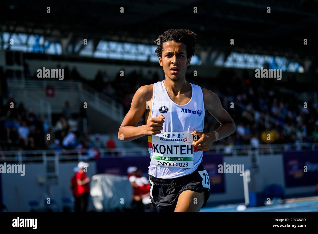 Le Belge Noah Konteh photographié en action lors de la quatrième et dernière journée des Championnats d'Europe d'athlétisme U23, dimanche 16 juillet 2023 à Espoo, Finlande. Les championnats d'Europe se déroulent du 13 au 17 juillet. BELGA PHOTO THOMAS WINDESTAM Banque D'Images