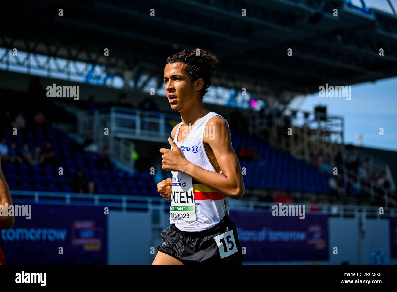 Le Belge Noah Konteh photographié en action lors de la quatrième et dernière journée des Championnats d'Europe d'athlétisme U23, dimanche 16 juillet 2023 à Espoo, Finlande. Les championnats d'Europe se déroulent du 13 au 17 juillet. BELGA PHOTO THOMAS WINDESTAM Banque D'Images