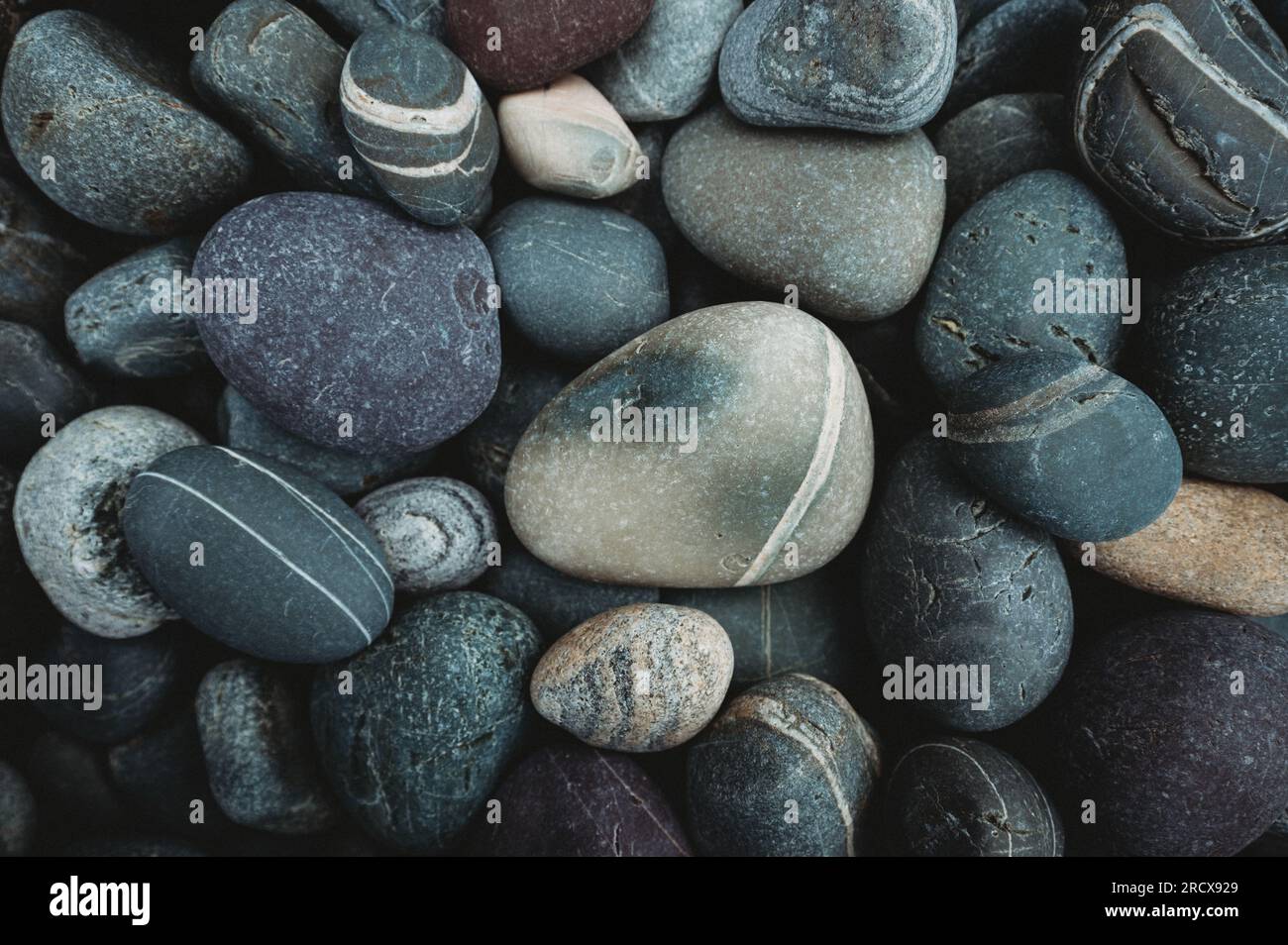 Gros plan de roches lisses colorées sur la plage de Terre-Neuve, Canada. Banque D'Images