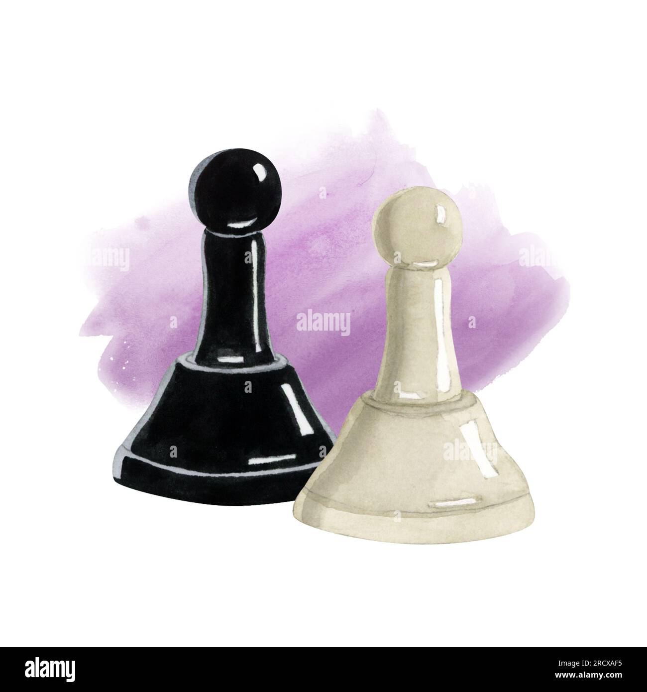 Pions noirs et blancs pièces d'échecs sur illustration d'aquarelle de coup d'éclaboussure de lavande violet clair pour la publicité de club Banque D'Images