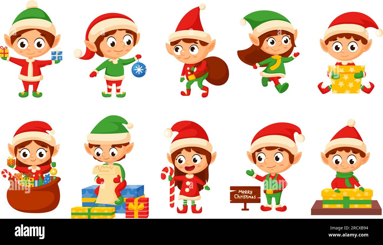 Elfe de Noël, santas aide les elfes personnages. Enfants mignons magiques avec des cadeaux, créatures de Noël pour l'atelier de vacances. Clipart vectoriel de nouvel an nowaday Illustration de Vecteur