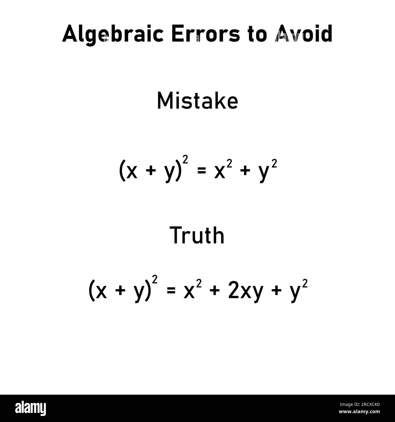 Erreurs mathématiques problèmes et solutions. Erreurs algèbres à éviter en mathématiques. Erreurs courantes en maths. Erreurs d'algèbre communes avec résolution. Illustration de Vecteur